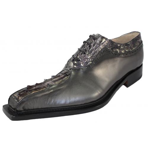 Fennix Italy 4077 Silver Grey Genuine Hornback Crocodile Tail / Vintage Calf Oxford Shoes.